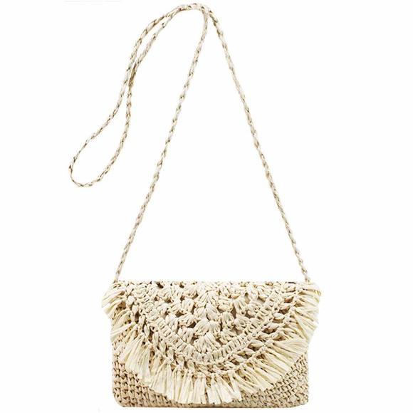 Small Fringed Straw Woven Cross-Body Bag Shoulder Bag Bohemian Beach UwU - Picture 1 of 6